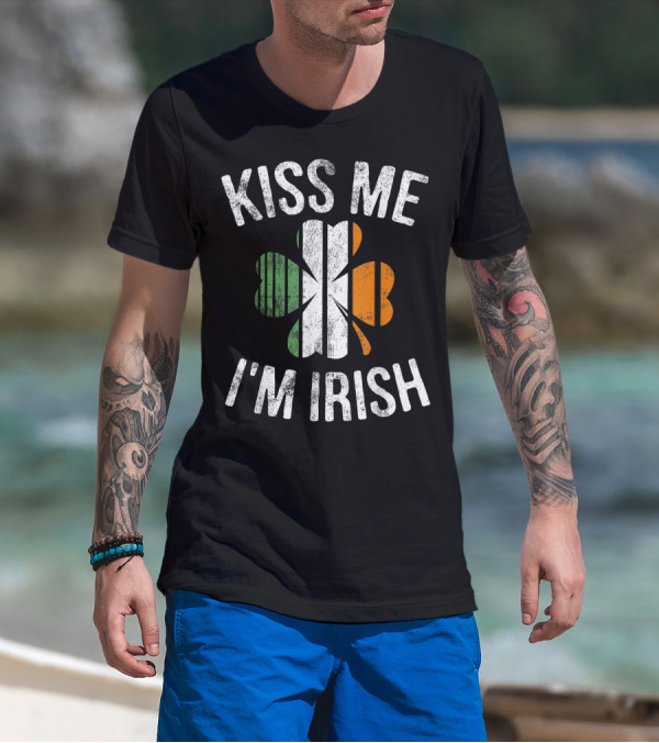 Kiss Me I'm Irish Shamrock With Irish Flag Colors St. Patrick's Day Ireland T-Shirt
