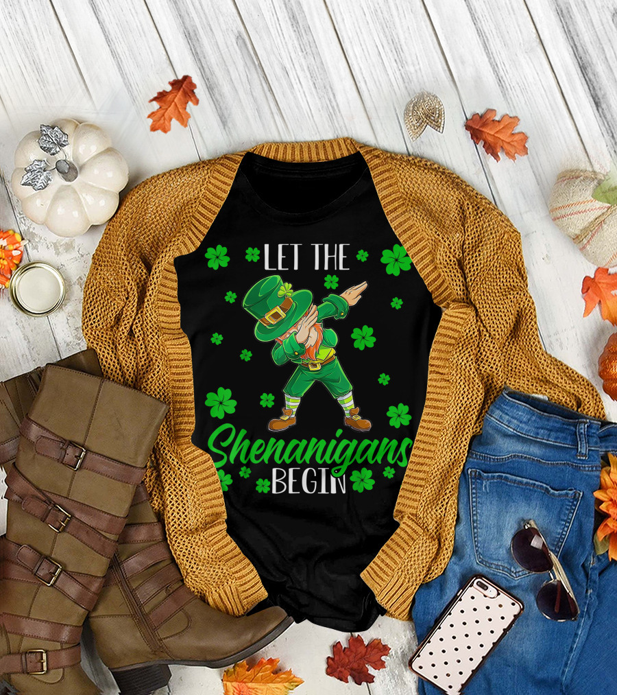 Let The Shenanigans Begin Leprechaun Dab Dance Surrounded by Shamrocks T-Shirt