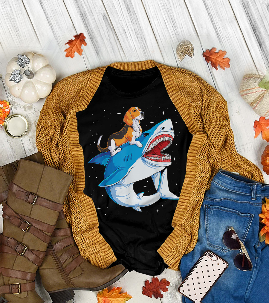 Beagle Riding Shark Jawsome in Space Galaxy T-Shirt