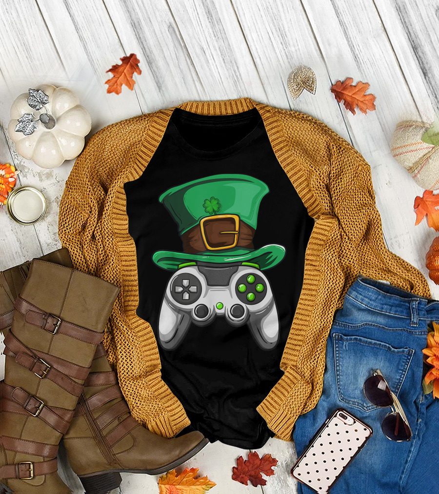 Leprechaun Hat with Video Gamer Controller and Shamrock T-Shirt