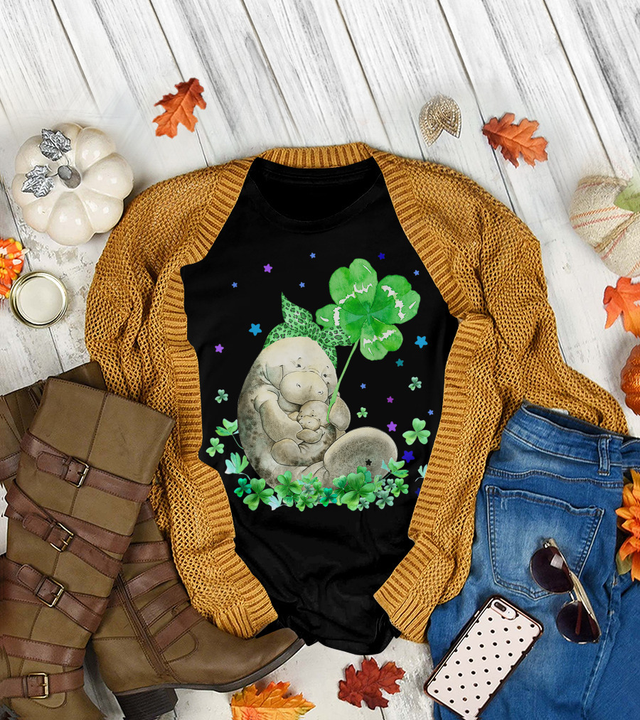 Manatee with Shamrock Holding Baby Surrounded by Stars and Clovers T-Shirt