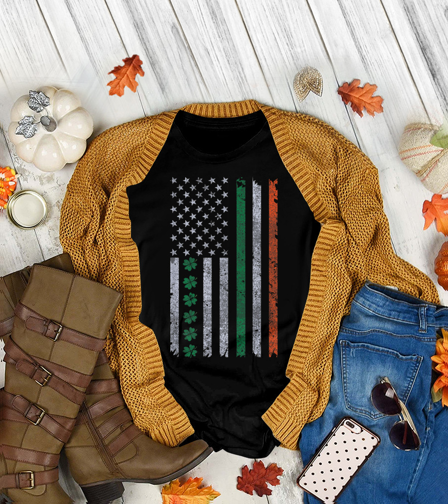 Vintage Irish American Flag with Shamrock and Distressed Stripes T-Shirt