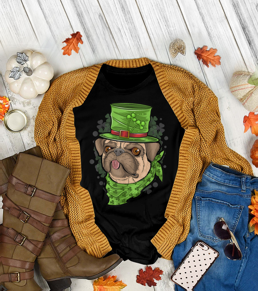 St. Patrick's Day Pug Puppy Dog in Shamrock Hat and Bandana T-Shirt