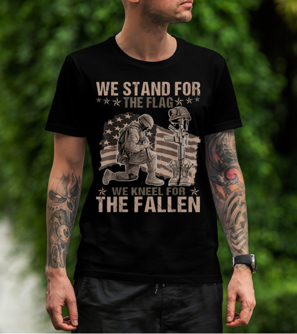 We Stand For The Flag We Kneel For The Fallen Soldier Kneeling Stars And Stripes Background T-Shirt