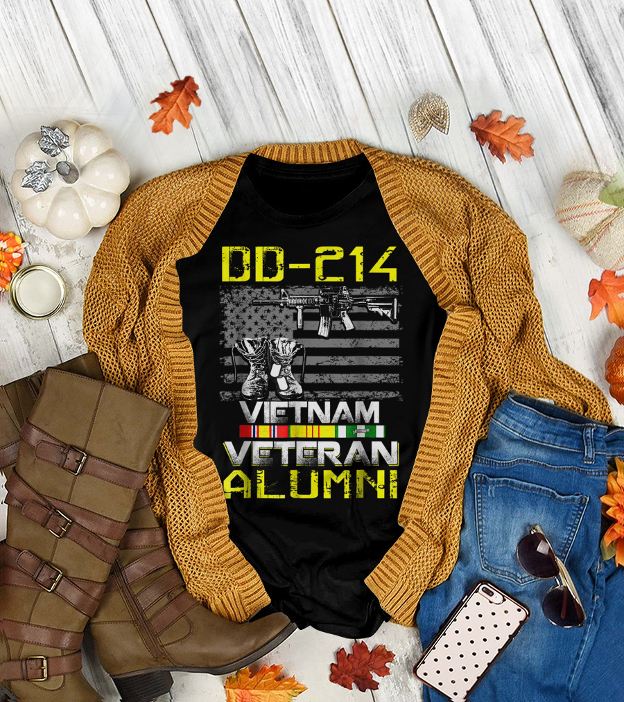 DD-214 Vietnam Veteran Alumni Flag Boots Rifle Ribbons T-Shirt