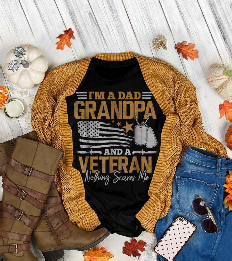 I'm A Dad Grandpa And A Veteran Nothing Scares Me Patriotic Flag Dog Tags T-Shirt