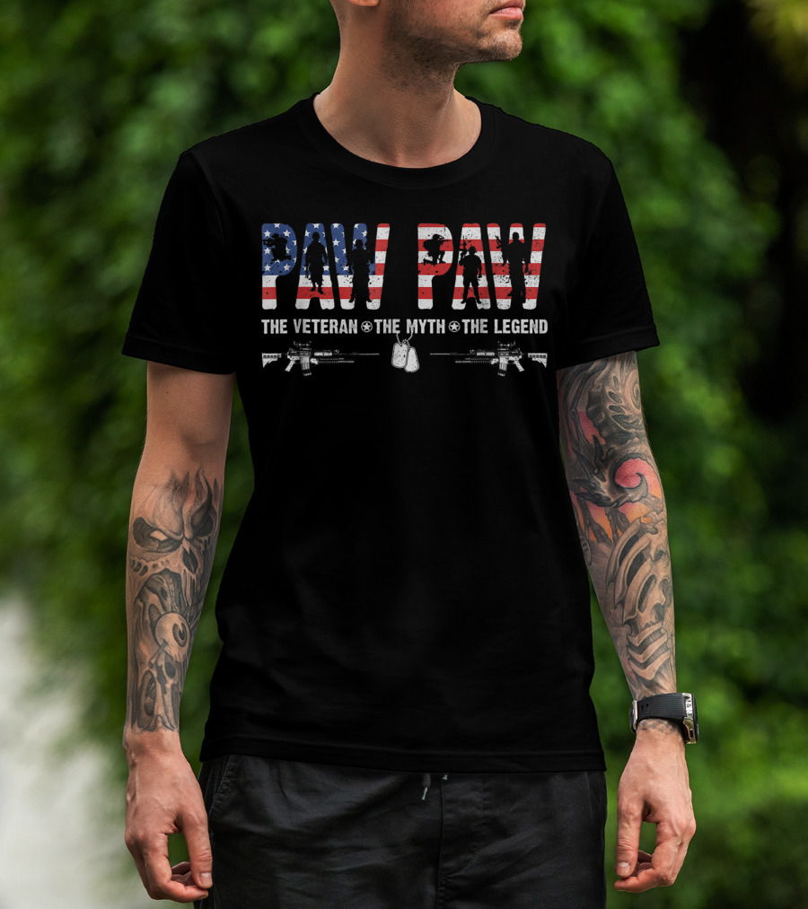 Paw Paw USA Flag Veteran Myth Legend Silhouettes And Guns T-Shirt