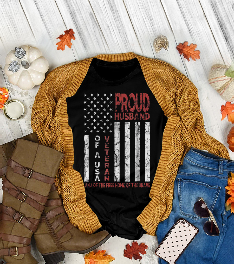 Proud Husband of a USA Veteran Land of the Free Home of the Brave T-Shirt