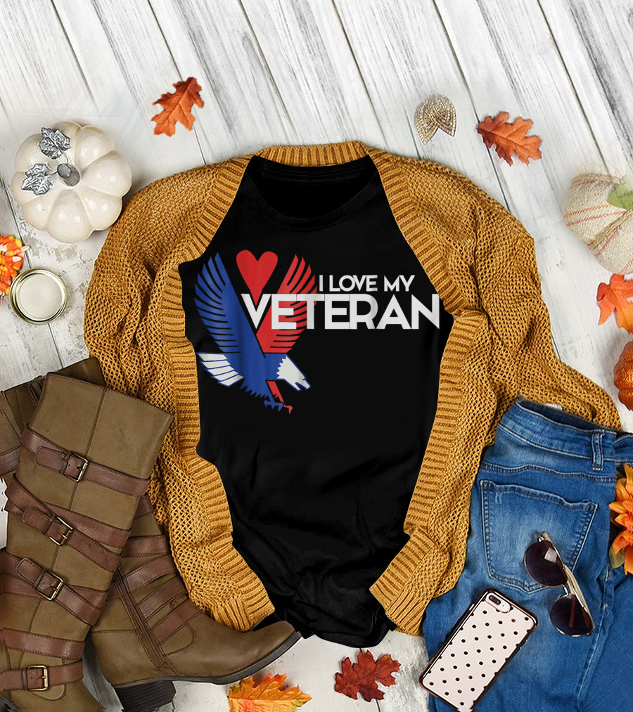I Love My Veteran USA American Veterans Love Eagle Heart T-Shirt
