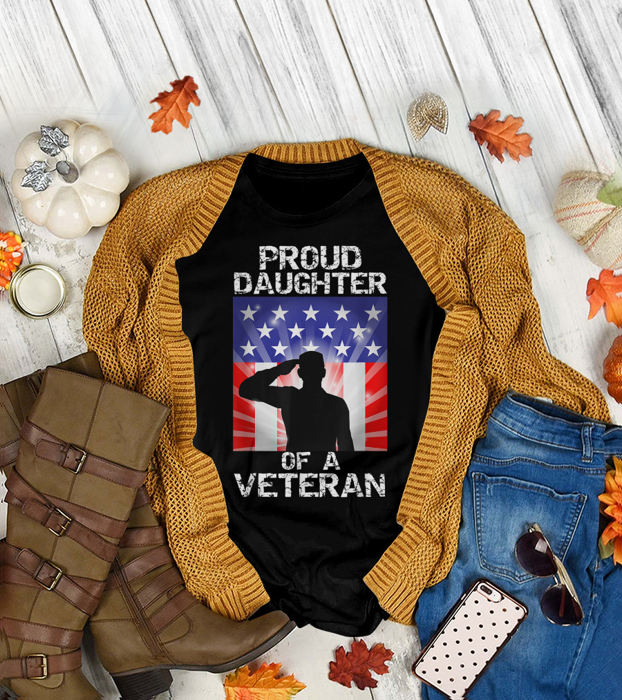 Proud Daughter of a Veteran Military Salute Flag Background T-Shirt