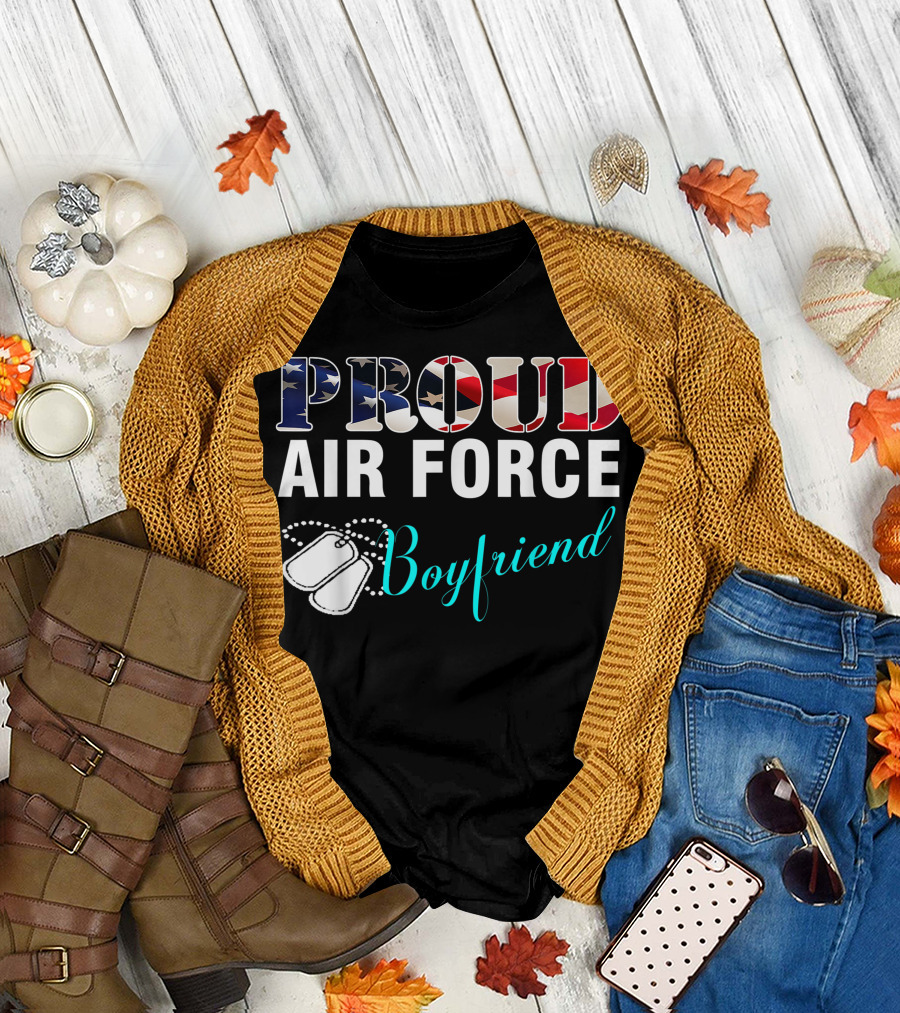 Proud Air Force Boyfriend with American Flag Typography and Dog Tags T-Shirt