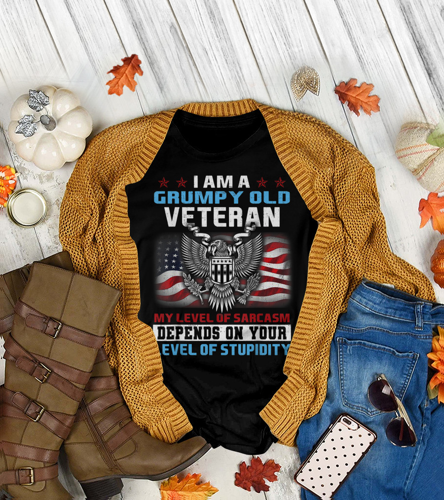 I Am A Grumpy Old Veteran My Level Of Sarcasm Depends On Your Level Of Stupidity US Army 4th July T-Shirt