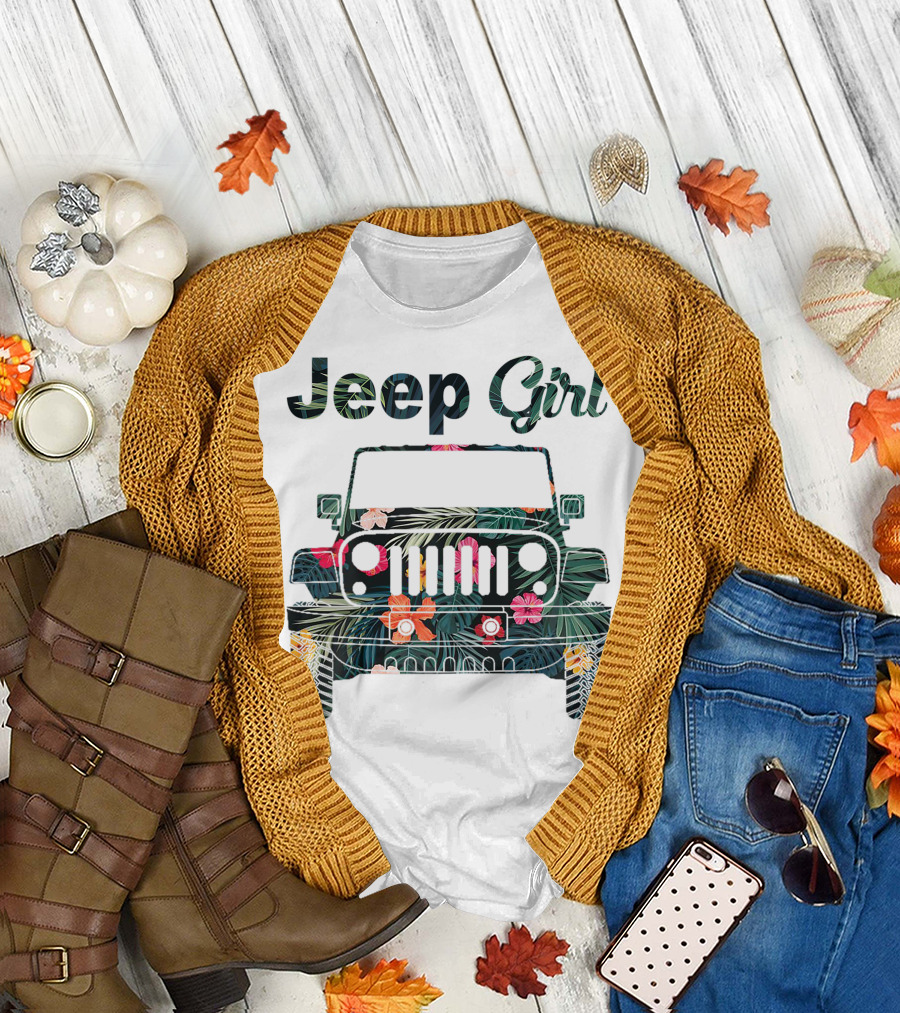Jeep Girl Flower Pattern Veteran Soldier Military Flag Jeep T-Shirt