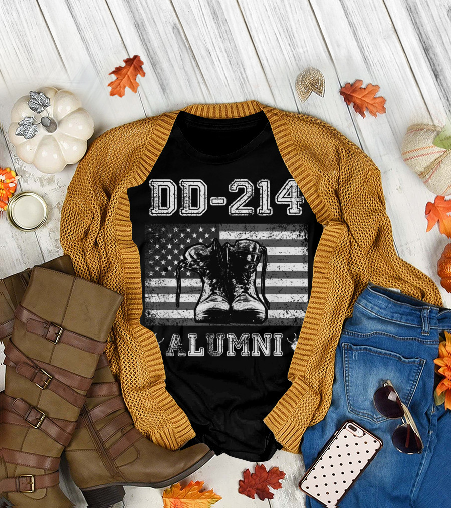DD-214 Alumni Distressed American Flag Combat Boots Veteran T-Shirt