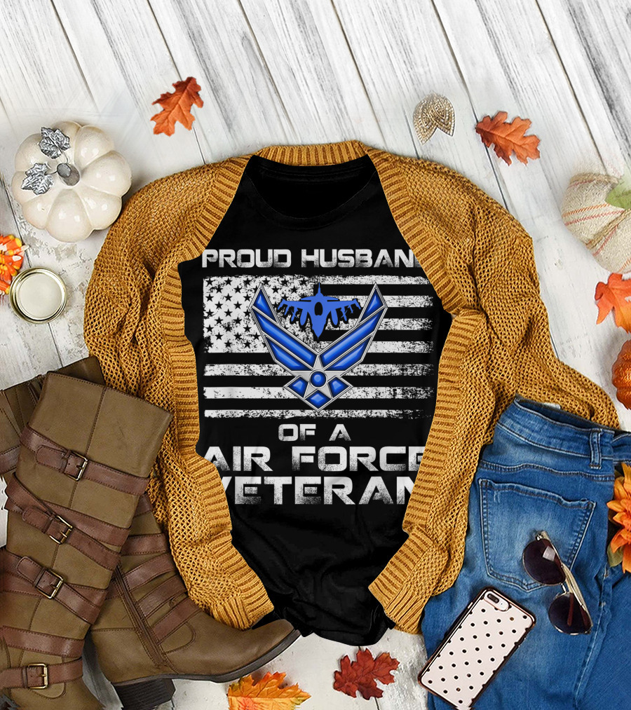 Proud Husband of a US Air Force Veteran USAF Flag and Emblem T-Shirt