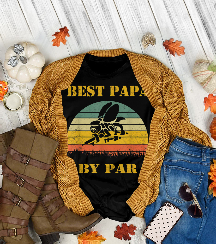 Best Papa By Par Seabee Veteran Retro Sunset Bee T-Shirt