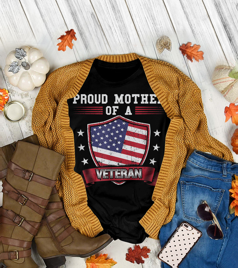 Proud Mother of a Veteran USA Flag Shield Stars T-Shirt