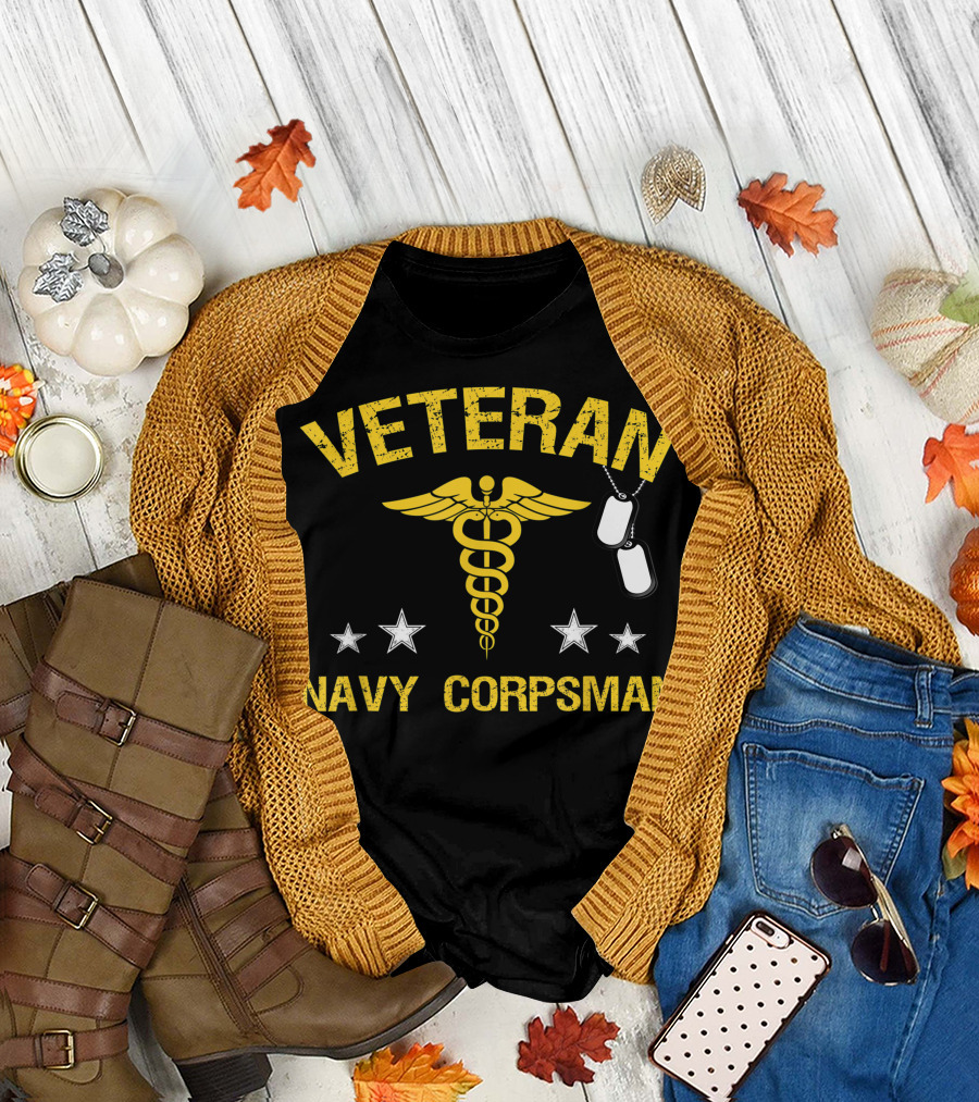 Veteran Navy Corpsman Caduceus with Dog Tags and Stars T-Shirt