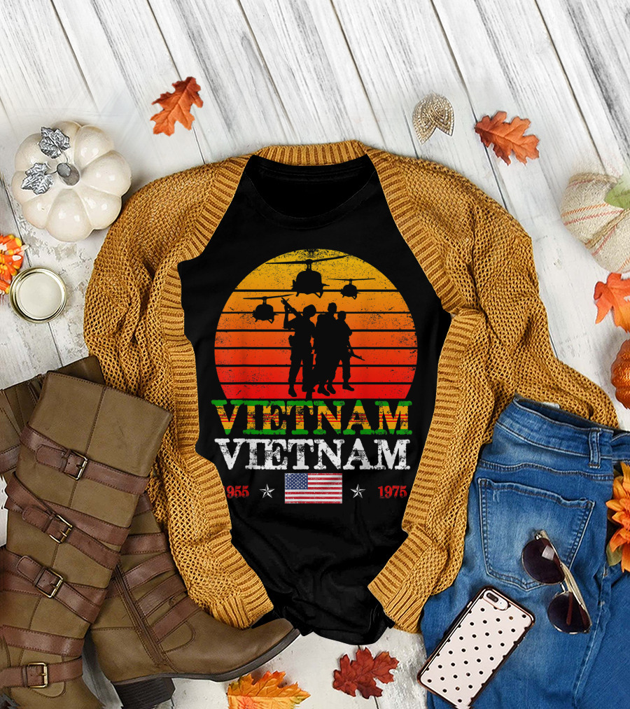 Vietnam Veteran Bell UH-1 Huey Helicopter Silhouette with 1955-1975 Stars and American Flag T-Shirt