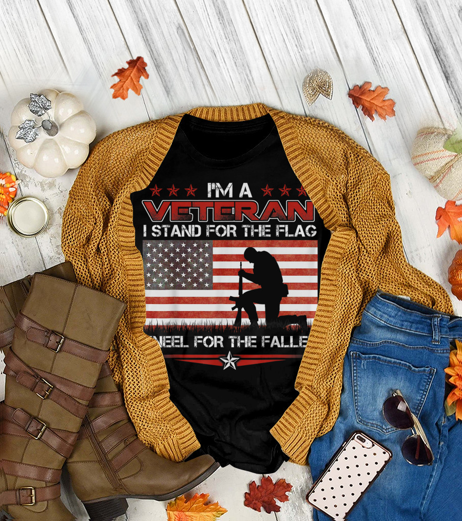 I M A Veteran I Stand For The Flag Kneel For The Fallen American Flag T-Shirt
