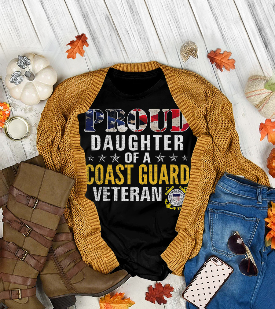 Proud Daughter of a Coast Guard Veteran with American Flag and Emblem T-Shirt