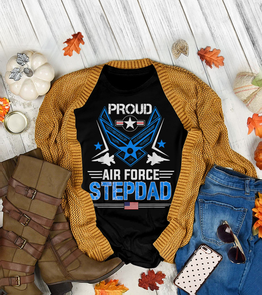 Proud Air Force Stepdad Veteran Pride with American Flag and Military Jets T-Shirt