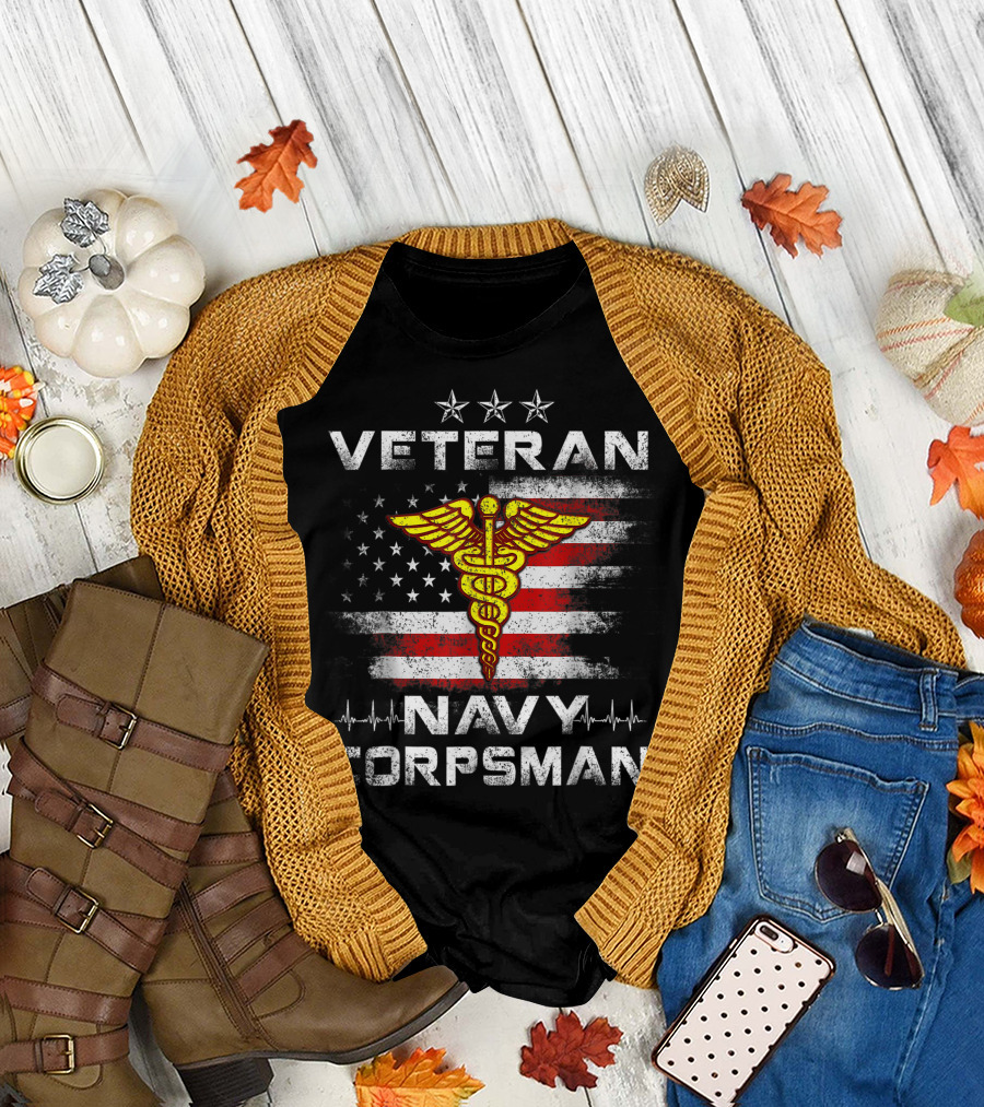 Veteran Navy Corpsman American Flag Caduceus 4th of July T-Shirt