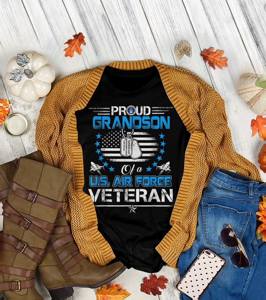 Proud Grandson Of A U.S. Air Force Veteran With Dog Tags and American Flag T-Shirt