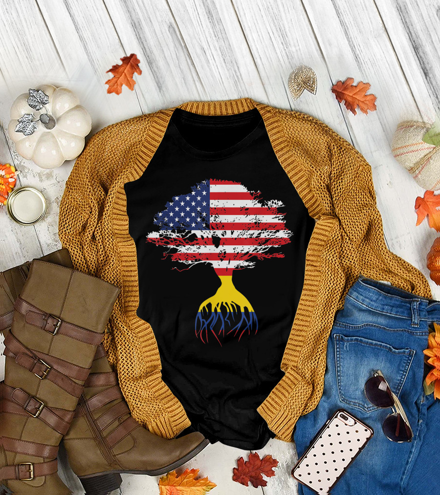 American Flag on Tree with Colombian Roots T-Shirt