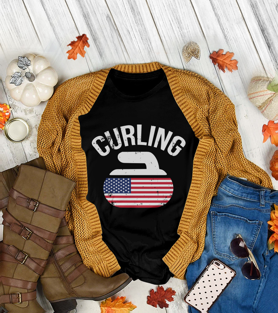 Curling Stone American Flag Red White and Blue USA T-Shirt