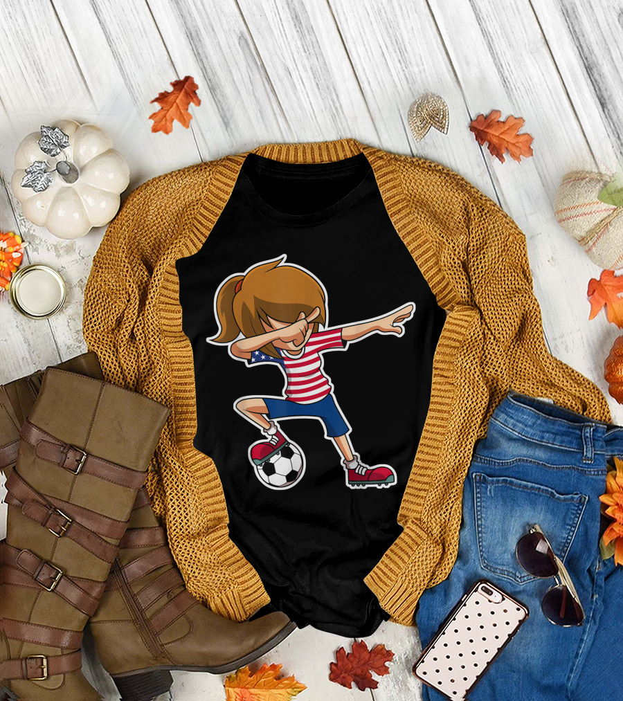 Dabbing Soccer Girl American Flag Jersey USA T-Shirt