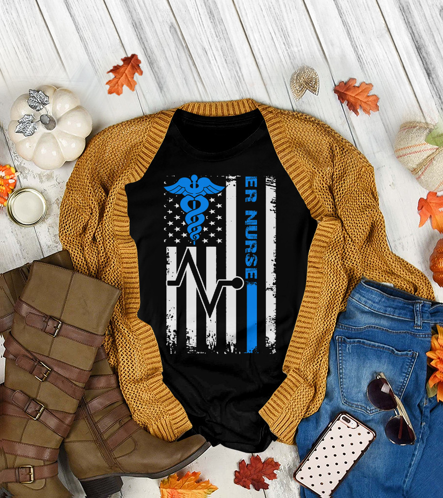 Distressed American Flag Caduceus ER Nurse with Blue Line and EKG T-Shirt