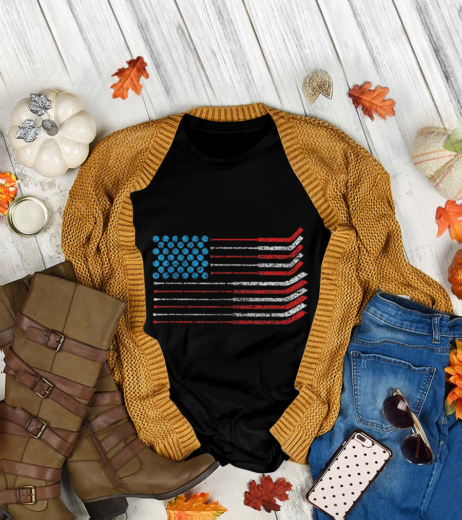 American Flag Hockey Sticks 4th of July Patriotic T-Shirt