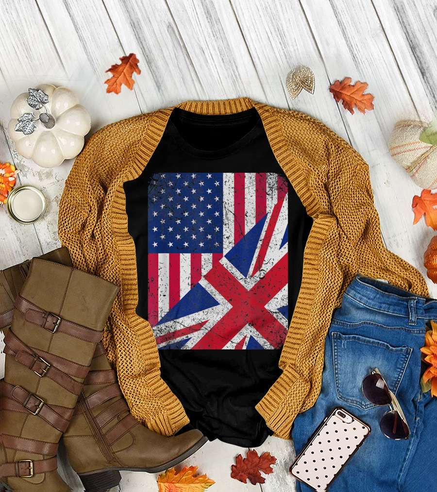 British American Flag Half English Britain Roots T-Shirt