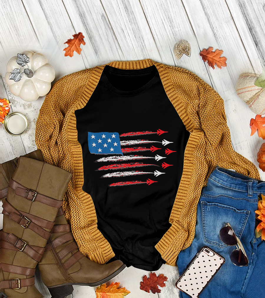 Fighter Jet American Flag 4th Of July Patriotic T-Shirt
