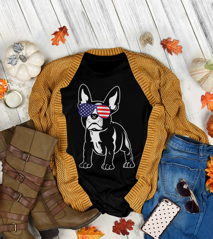 French Bulldog with American Flag Sunglasses for 4th of July T-Shirt