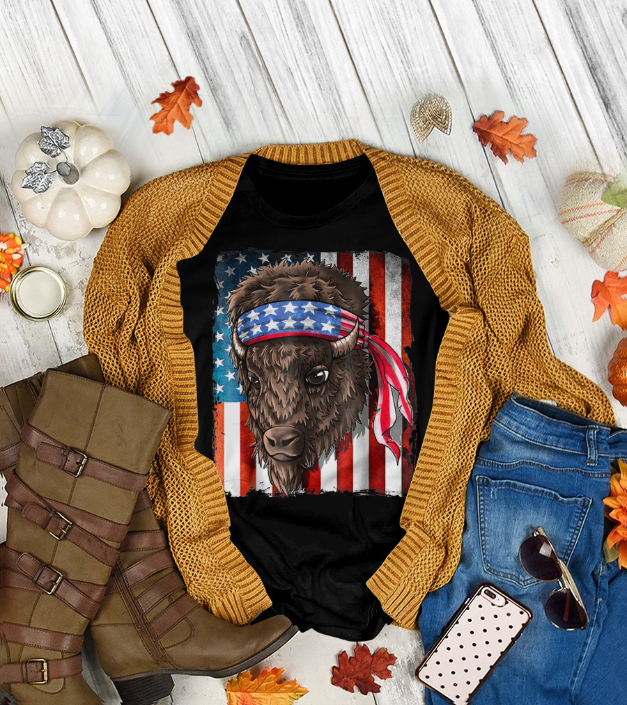 American Flag USA Buffalo Bison Patriotic T-Shirt