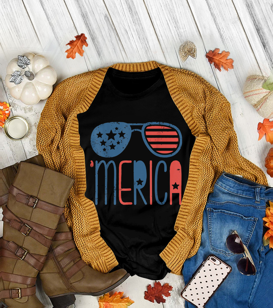 Merica Aviators American Flag Stars Stripes Toddler 4th July White T-Shirt