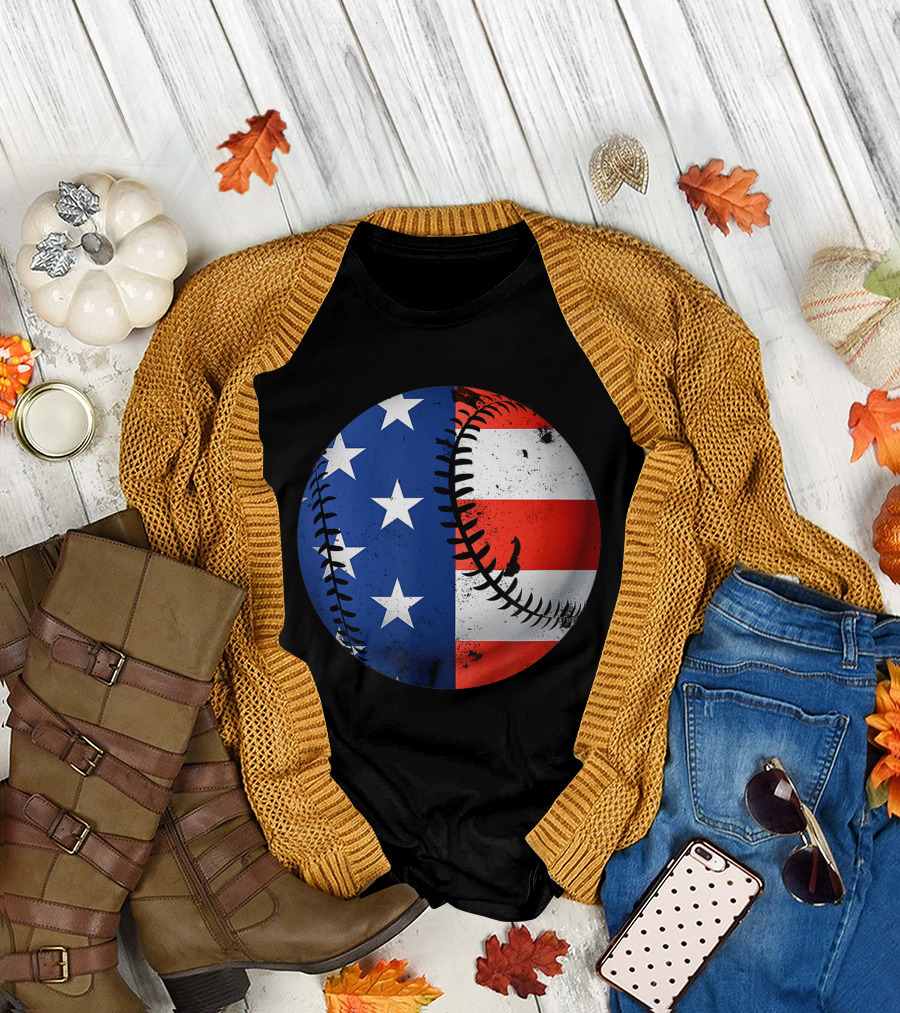 American Flag Baseball Patriotic USA 4th of July Stars and Stripes Iconic Sports T-Shirt