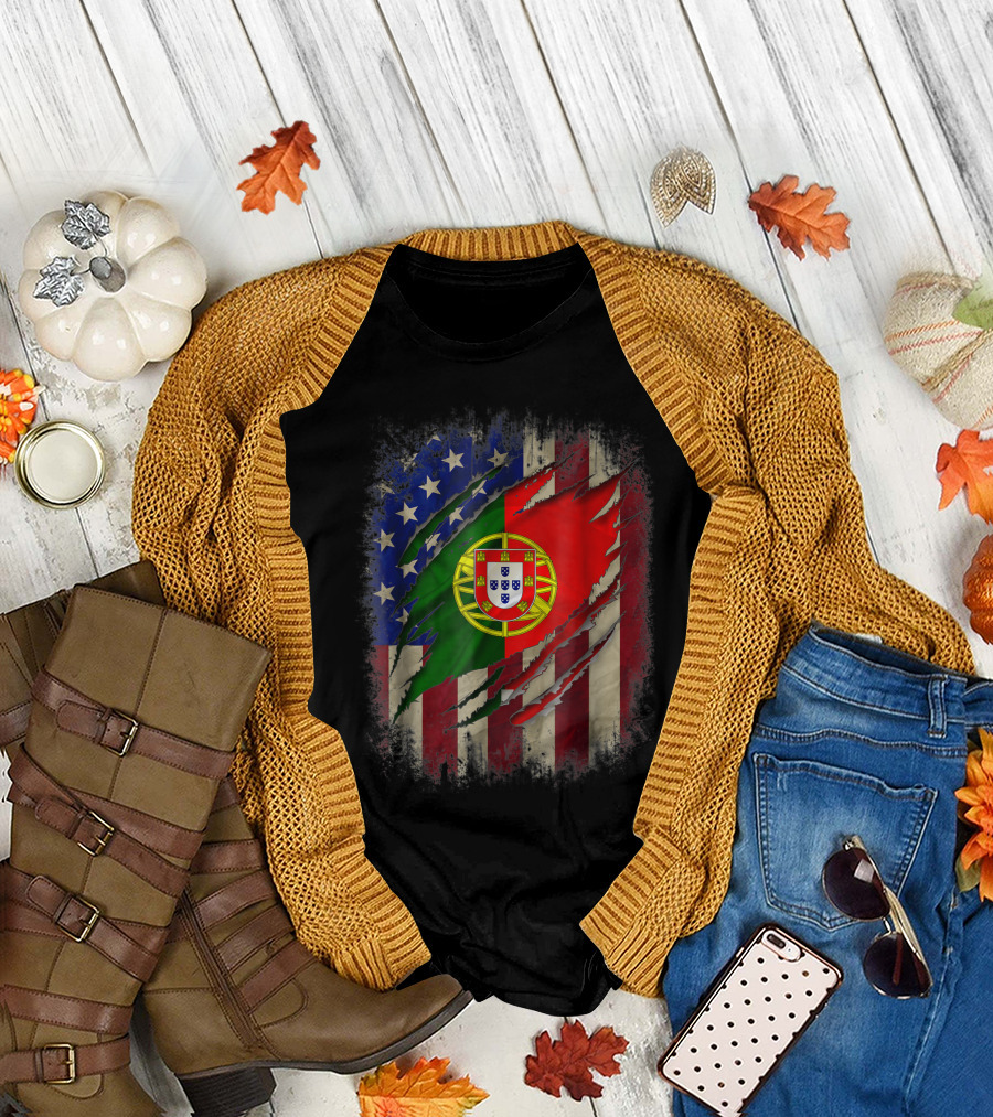 Portuguese American Flag Heritage Blend with Torn Design and Dual Nationality Symbolism T-Shirt
