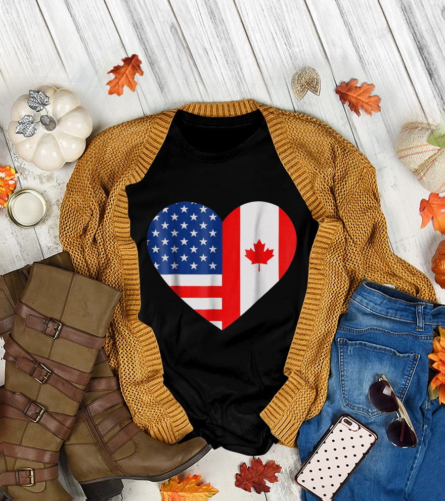 Canadian American Flag Heart Love Canada Day 4th of July T-Shirt