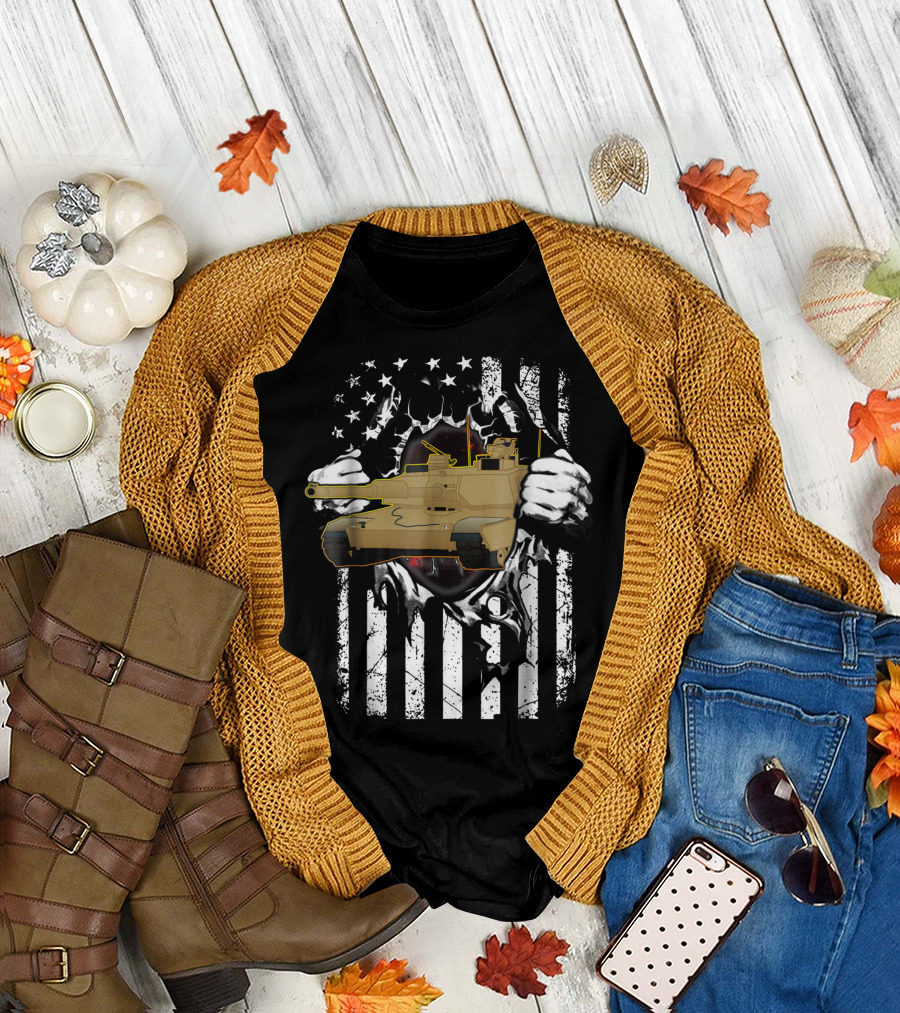 M1 Abrams Tank with American Flag Background Veterans T-Shirt