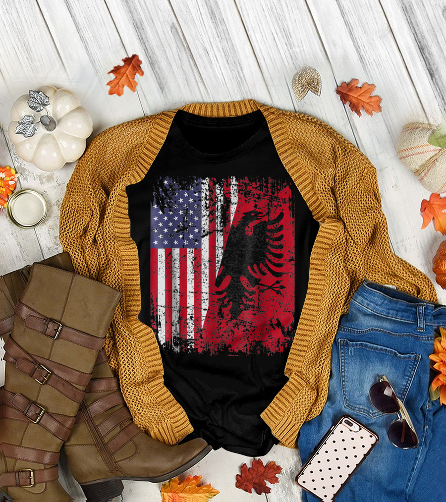 Albanian Roots Red Eagle Albania American Flag Blend T-Shirt