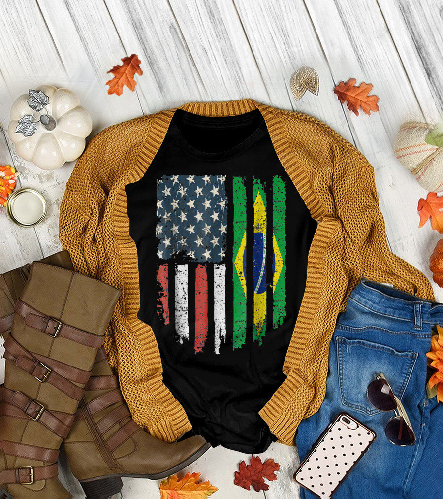 Brazilian American Flag USA Brazil Hearts Patriot T-Shirt