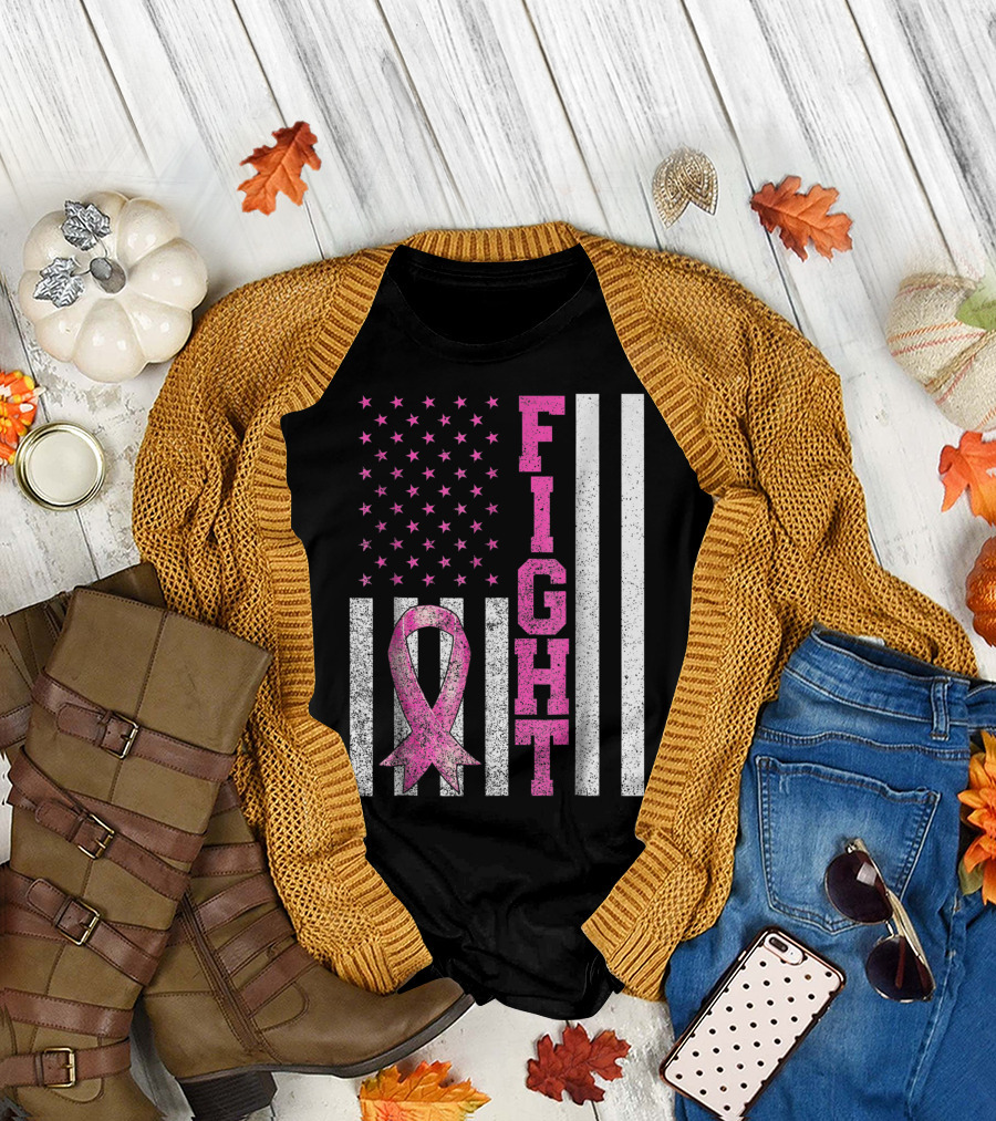 Fight Breast Cancer Awareness American Flag Pink Ribbon Stars Stripes T-Shirt