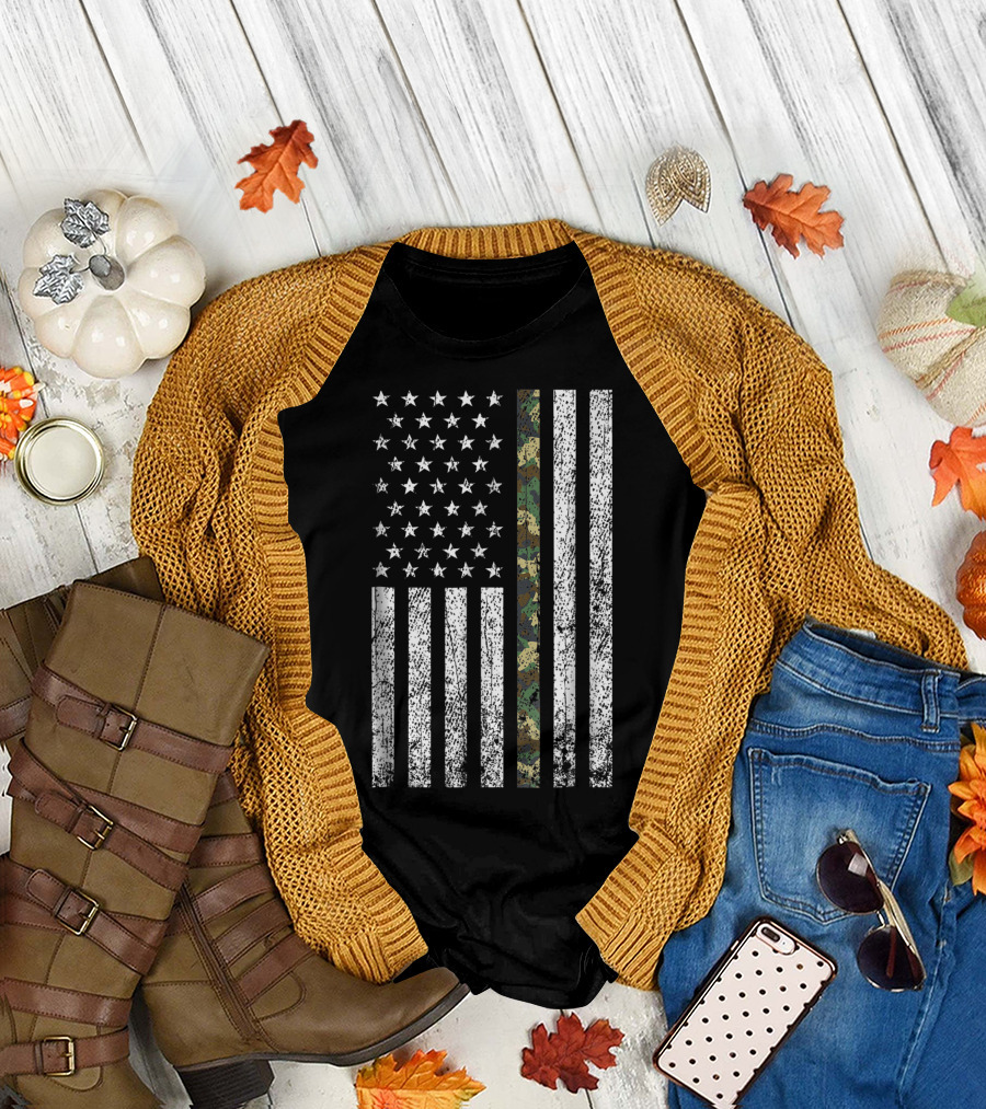 American Flag Thin Green Line Camo Military Army T-Shirt