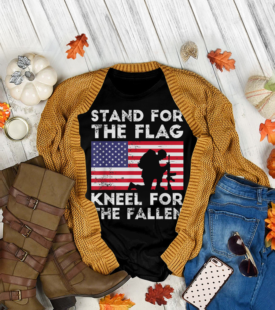 Stand for the Flag Kneel for the Fallen Veteran USA American Flag T-Shirt