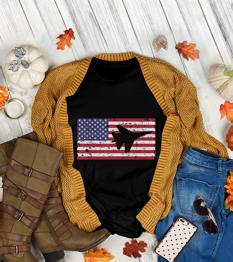 American Flag Air Force War Plane Silhouette Patriotic T-Shirt
