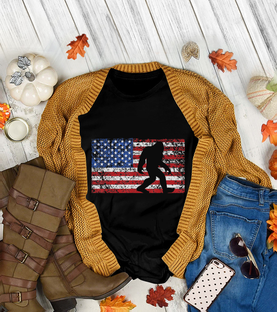 Funny Bigfoot Sasquatch American Flag 4th of July T-Shirt