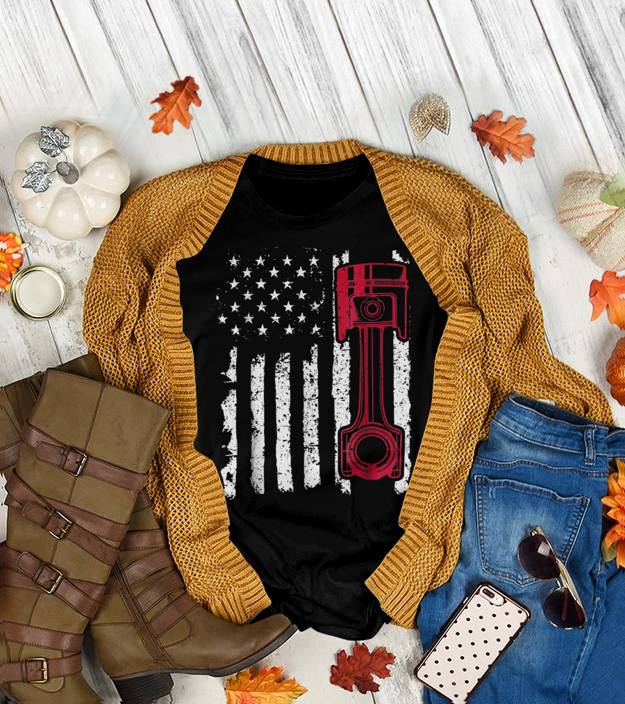 Distressed Vintage American Flag Red Piston Muscle Car T-Shirt
